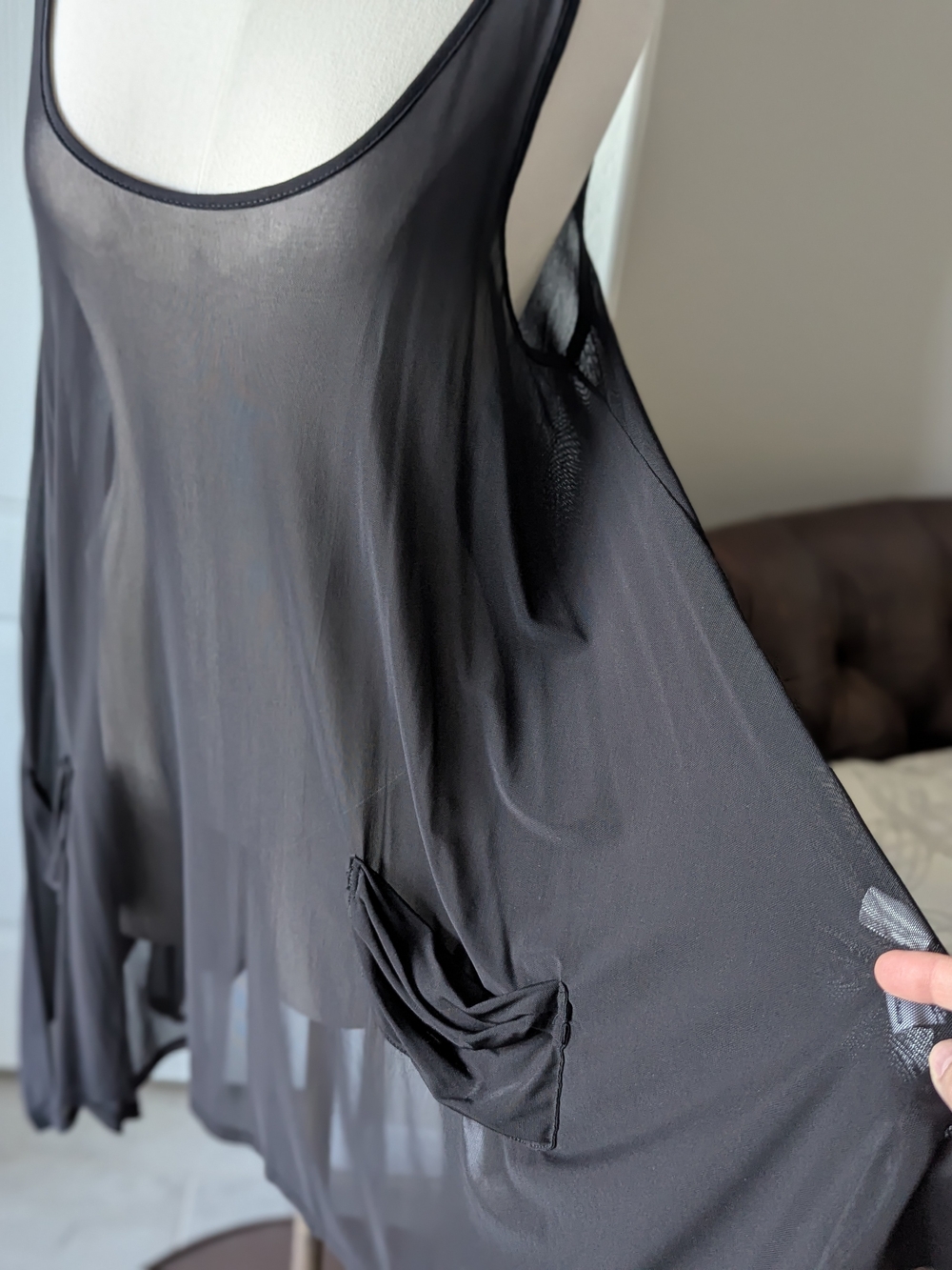 Sheer Black Layer Tunic Tank with Swing Body & Draped Pockets